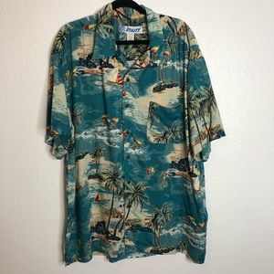 Men's Utility Hawaiian Palm Trees Surfers Boats Blue Button Up Shirt
